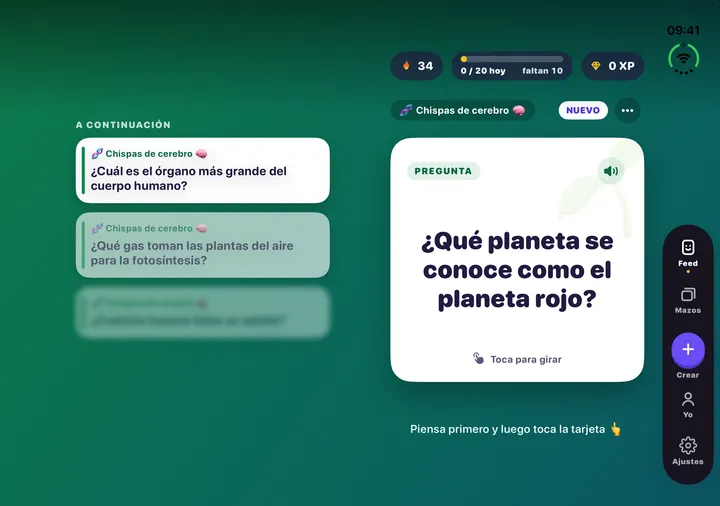 Flash Feed en un iPhone Duo abierto: la tarjeta que se estudia en la página derecha y las siguientes preguntas a la izquierda