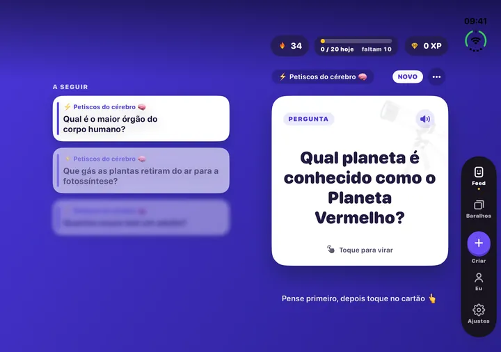 O Flash Feed num iPhone Duo aberto: o cartão em estudo na página da direita e as próximas perguntas na da esquerda