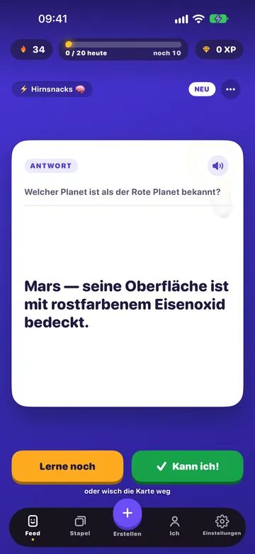 Dieselbe Karte umgedreht, mit den Schaltflächen „Lerne noch“ und „Kann ich!“