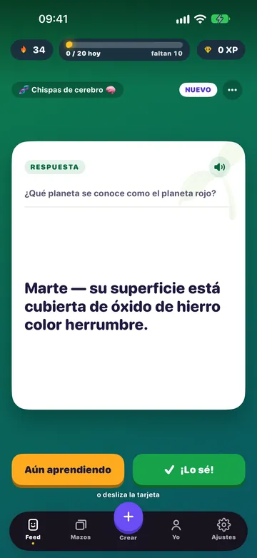 La misma tarjeta girada, con los botones Aún aprendiendo y ¡Lo sé!