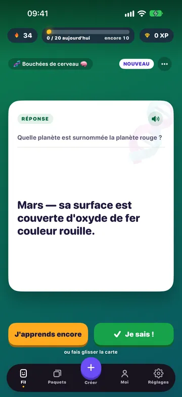 La même carte retournée, avec les boutons J’apprends encore et Je sais !