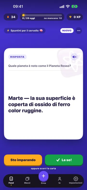 La stessa carta girata, con i pulsanti Sto imparando e La so!