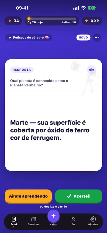 O mesmo cartão virado, com os botões Ainda aprendendo e Acertei!