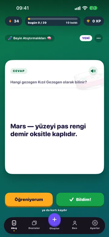 Aynı kart çevrilmiş; Öğreniyorum ve Bildim! düğmeleriyle