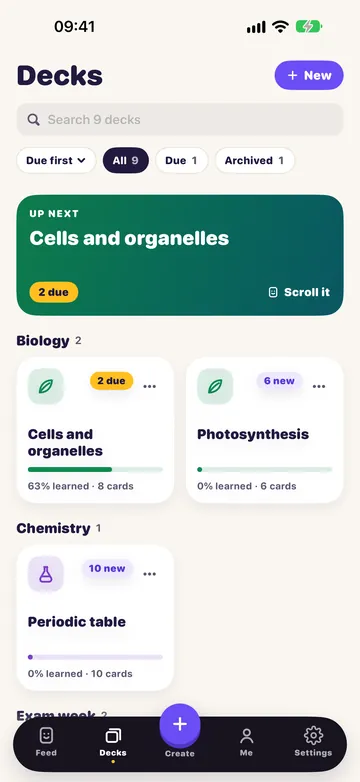 The Decks screen: your decks, with the next one to study at the top