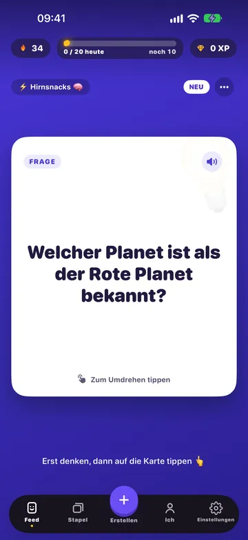 Flash Feed zeigt eine Karteikarte: Welcher Planet ist als der Rote Planet bekannt?