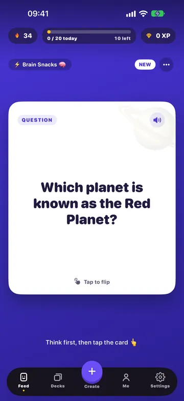 Flash Feed showing a flashcard: Which planet is known as the Red Planet?