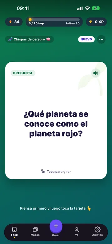Flash Feed mostrando una tarjeta: ¿Qué planeta se conoce como el Planeta Rojo?