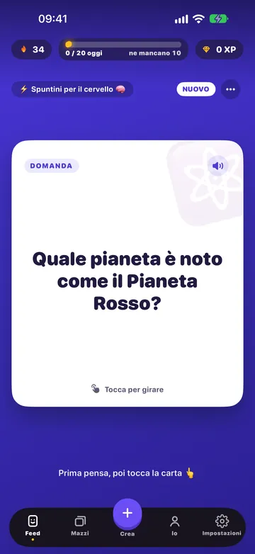 Flash Feed che mostra una carta: Quale pianeta è noto come il Pianeta Rosso?