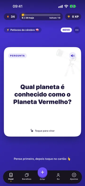 O Flash Feed mostrando um cartão: Qual planeta é conhecido como o Planeta Vermelho?